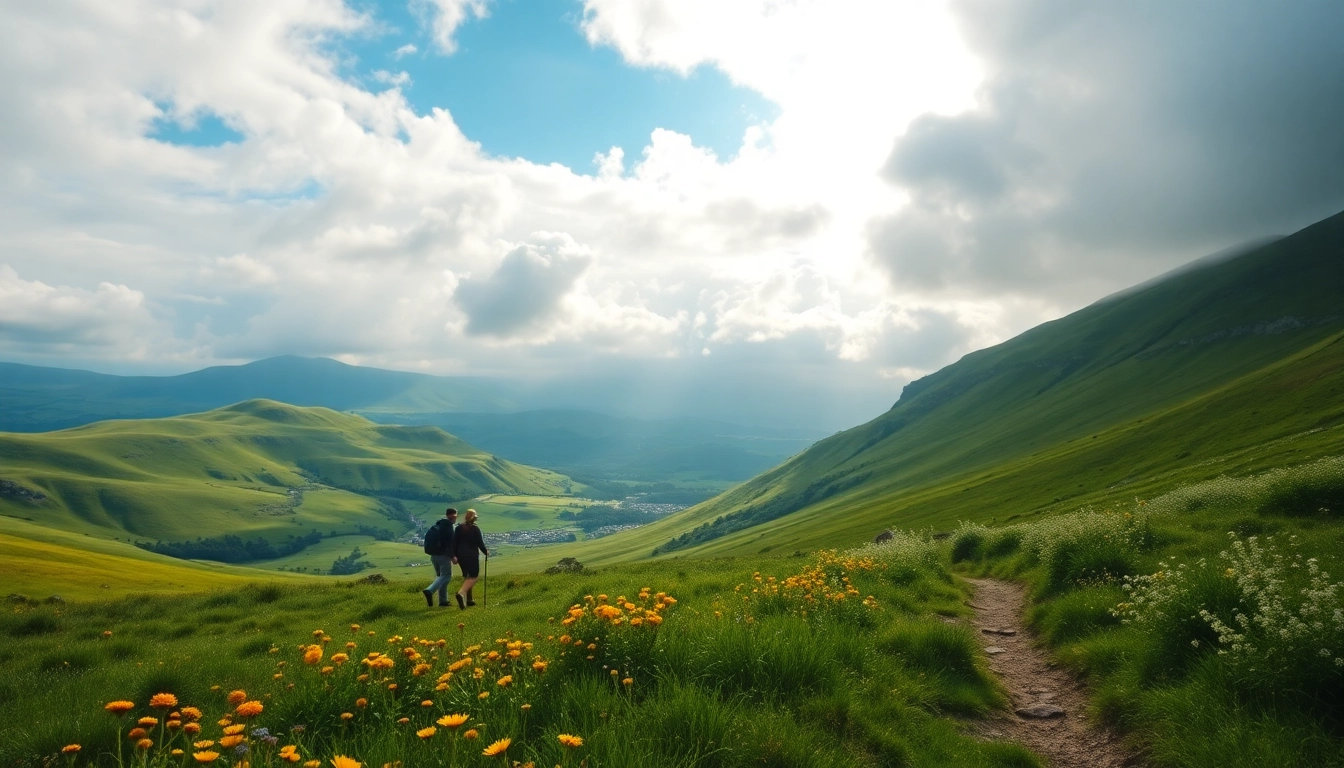 Erleben Sie Walking Holiday Ireland durch eine malerische Wanderung in den grünen Hügeln mit blühenden Wildblumen.