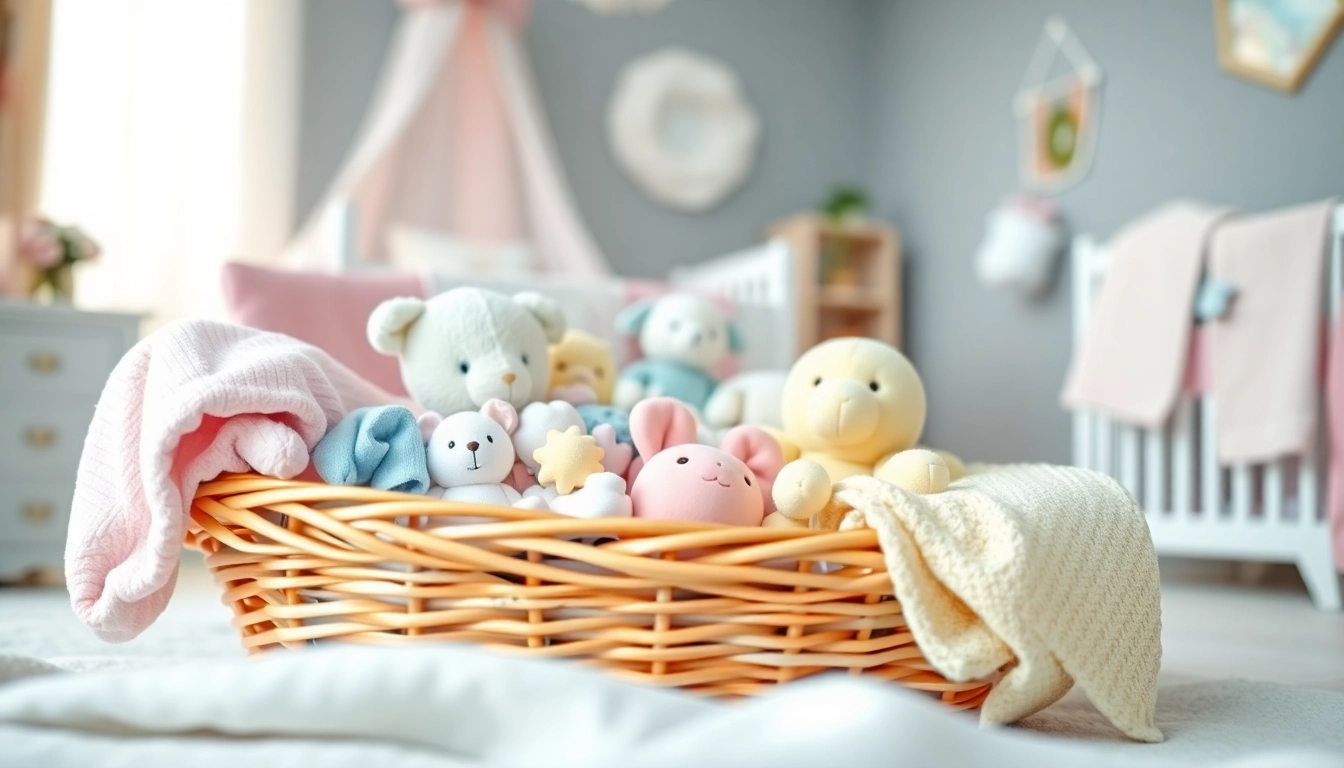 Geschenkideen zur Geburt: liebevoll gestaltetes Geschenkkorb mit Babygadgets