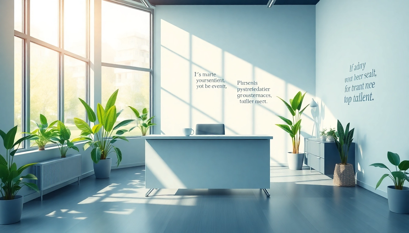 Visualize a modern headhunter office in Hagen with a vibrant, professional atmosphere, showcasing an inviting desk and motivational decor.