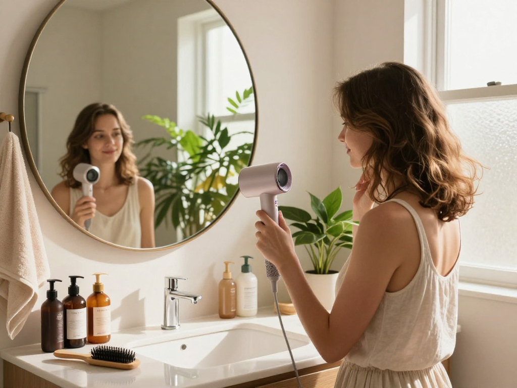 Woman using a mini hair dryer in a chic bathroom, showcasing modern hair care routine.