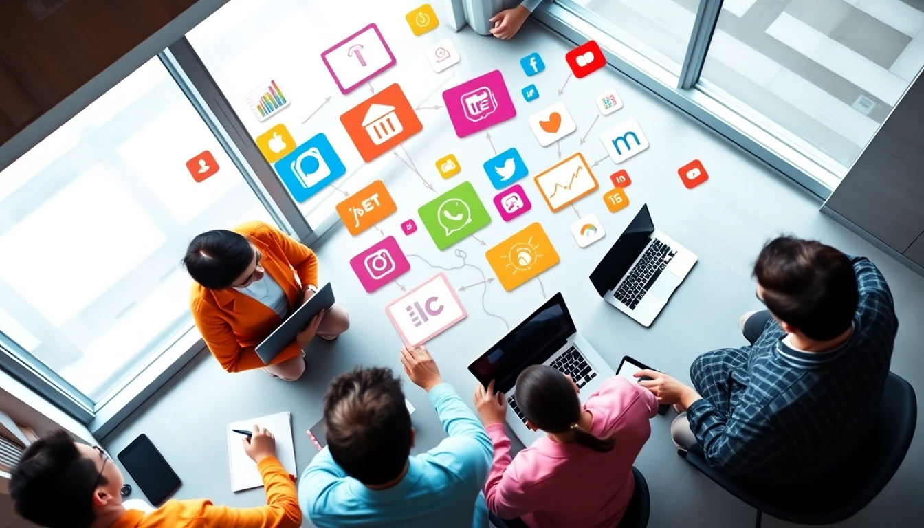 Engaging social-media-marketingstrategie session featuring a diverse team brainstorming with laptops and notes.