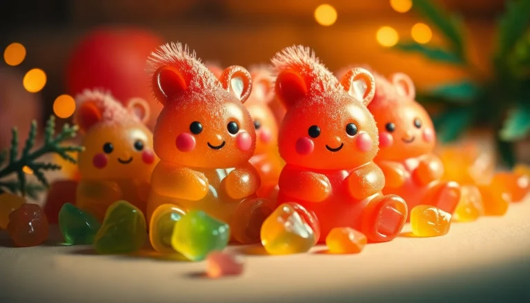 Handgefertigte THC Gummies in verschiedenen Farben und Geschmacksrichtungen, die auf einem Tisch präsentiert werden.