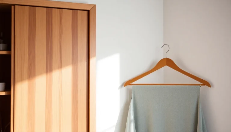 Holz Kleiderbügel aus Buchenholz präsentiert in einem stilvollen, minimalistischen Schrank, ideal für elegante Garderoben.