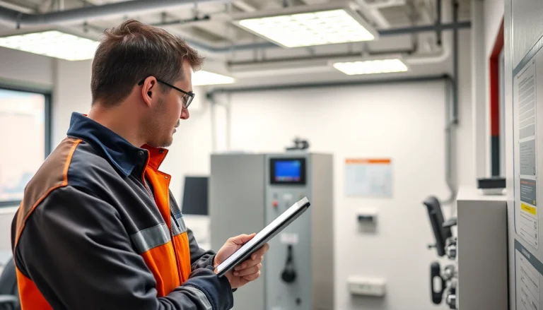 Techniker führt eine DGUV V3 Prüfung an elektrischen Geräten durch und gewährleistet Sicherheit am Arbeitsplatz.