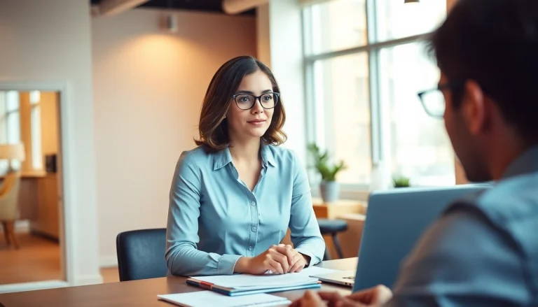 Headhunter consulting with clients in a modern office, showcasing professionalism and expertise.