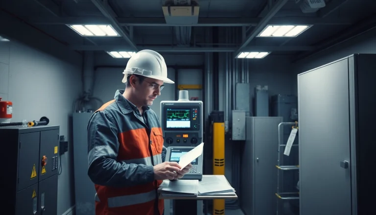 Techniker führt eine DGUV V3 Prüfung an elektrischen Geräten durch und hält ein Prüfgerät in der Hand.