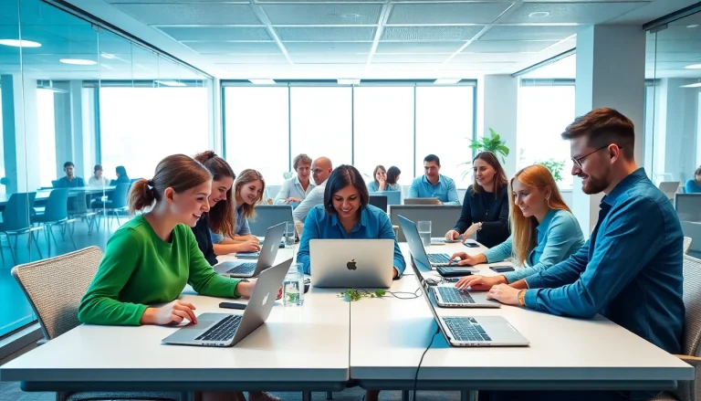 Stellenangebote in einer modernen Büroumgebung mit Mitarbeitern, die an Laptops arbeiten.