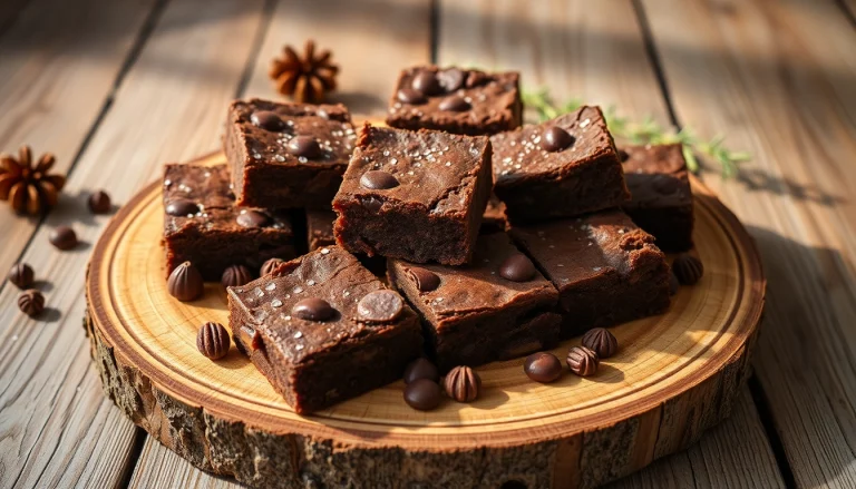 Die besten Daga brownies auf einem rustikalen Holzbrett, verziert mit Schokoladestücken und Nüssen.