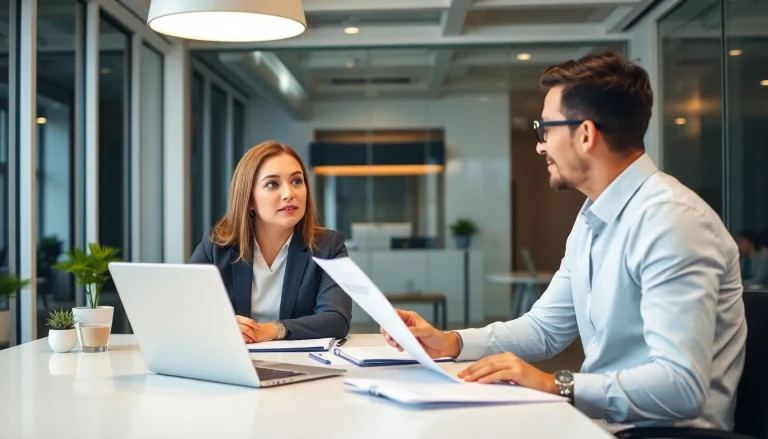 Headhunter engaging with a candidate in a modern office environment.