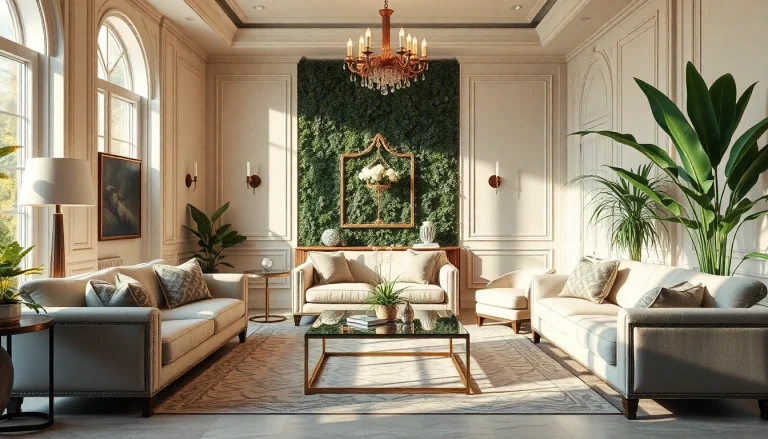 Luxury living room with elegant furniture and lush plants creating a serene atmosphere.