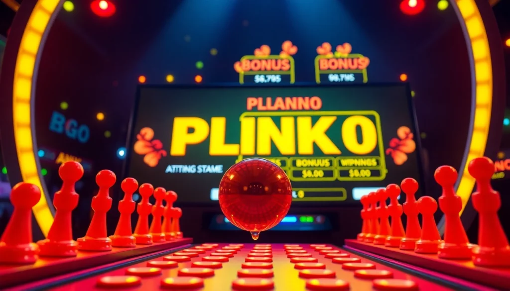 Experience the excitement of Plinko casino with a colorful gaming scene highlighting the thrilling Plinko board and winning potential.