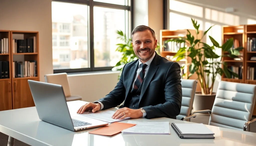 Headhunter arbeitet in einem modernen Büro mit Bewerbungsunterlagen und Laptop.