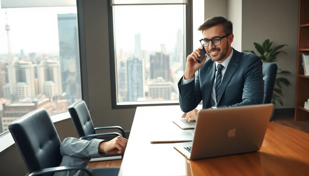 Headhunter in einem modernen Büro, der konzentriert telefoniert und Akten prüft.