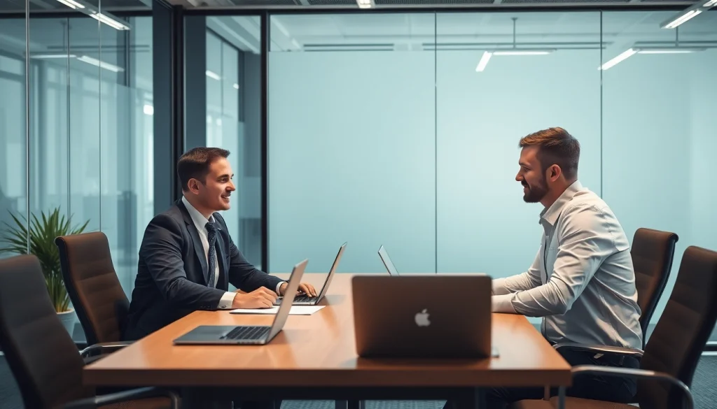 Professionelles Team in einer Headhunter Agentur berät Klienten am Tisch.