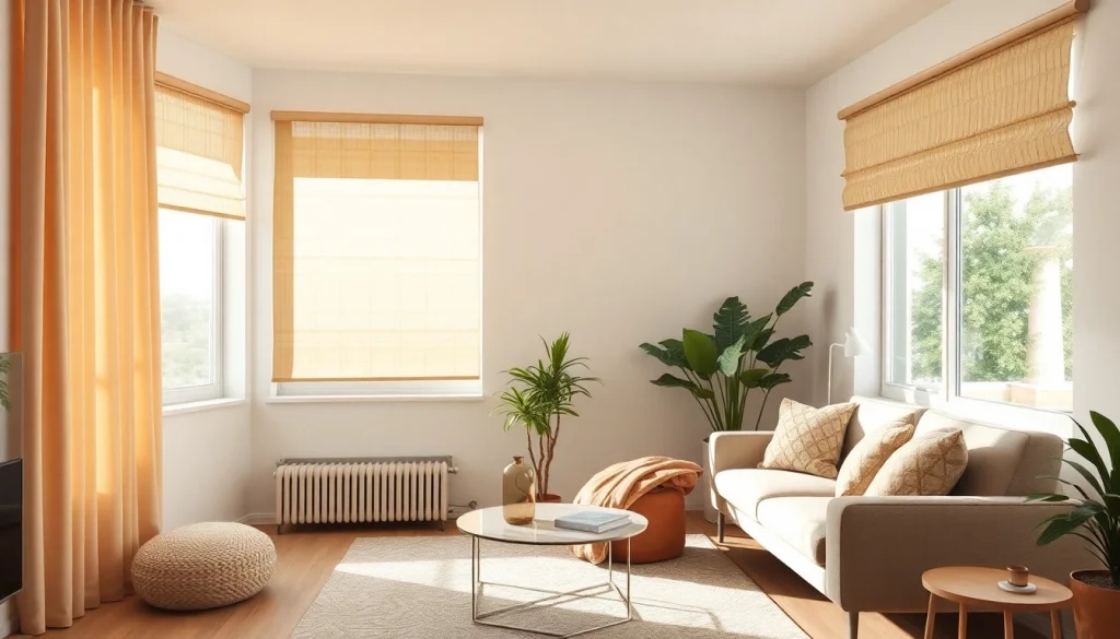 Modernes Wohnzimmer mit stilvollen Plissees, die zur Auswahl stehen, um Plissee konfigurieren zu können.