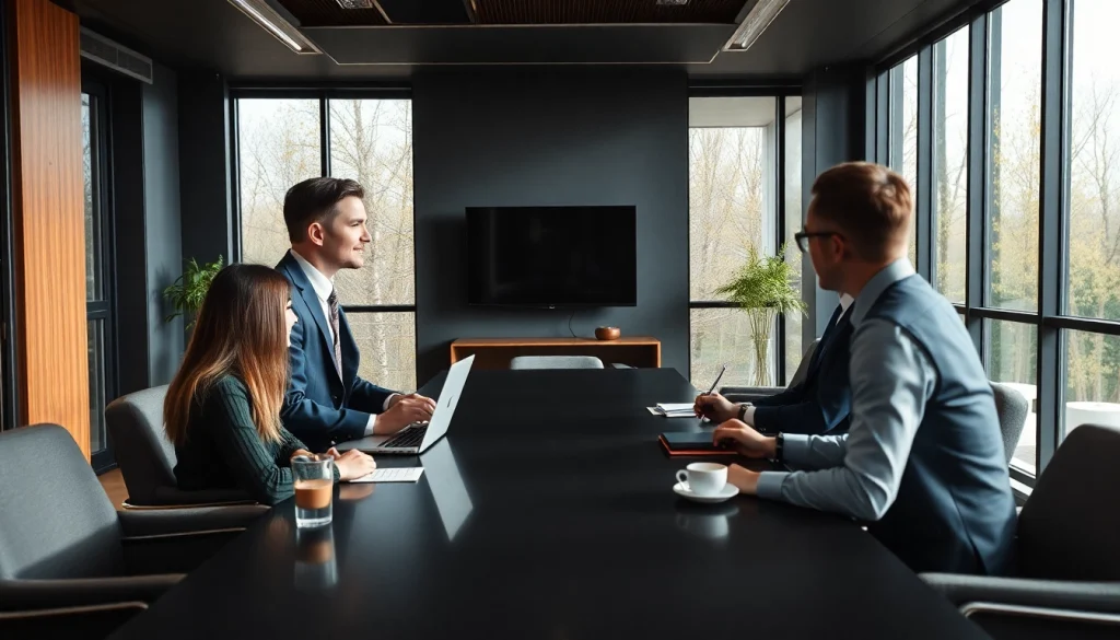 Headhunter Geschäftsführer in a modern boardroom engaging with clients.