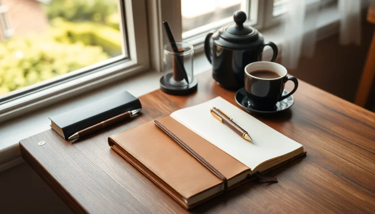 Journal auf einem Tisch, umgeben von Schreibutensilien und einer Tasse Kaffee, einladende Atmosphäre.