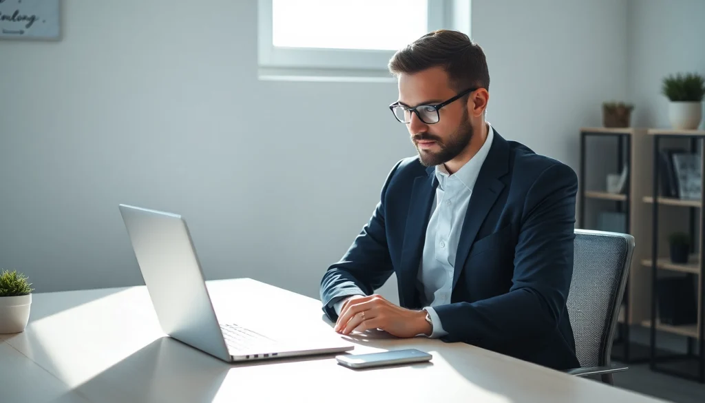 Headhunter Oberhausen bei der Arbeit in einem modernen Büro, konzentriert am Laptop.
