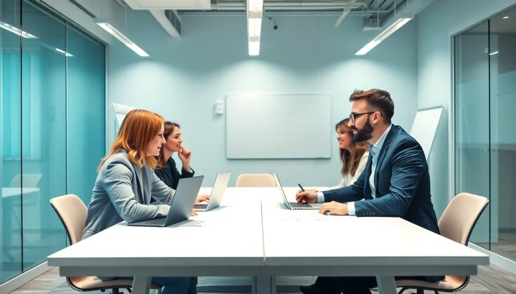 Fachleute arbeiten an einer Personalvermittlung im modernen Büro mit Laptops und Dokumenten.