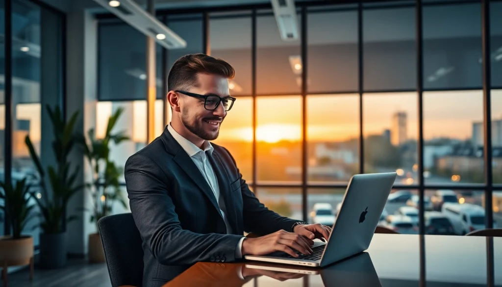 Headhunter Hagen in modernem Büro, während er an Laptop arbeitet.