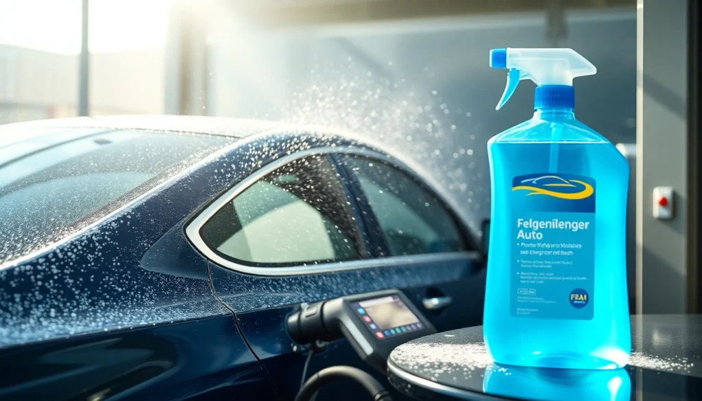 Felgenreiniger Auto in Aktion, glänzende Felgen nach Reinigung sichtbar