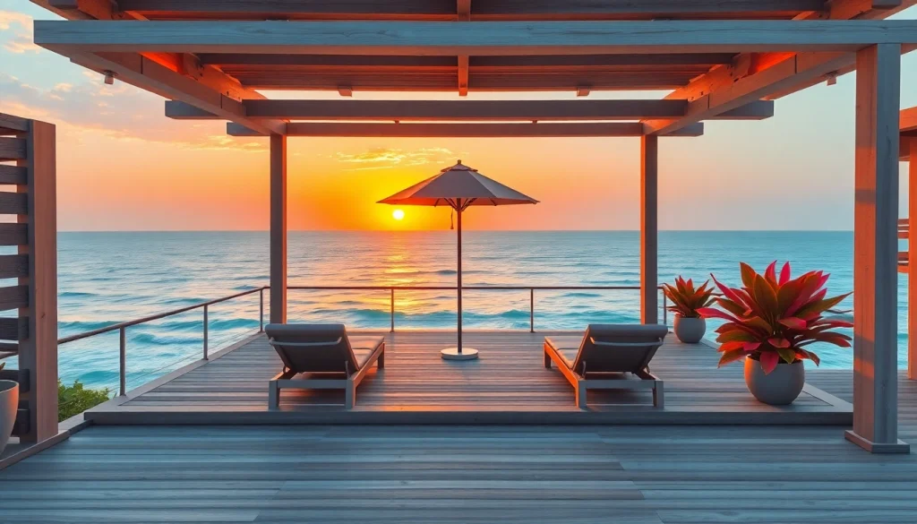 Relax in a stylish coastal cabana with ocean views at sunset.