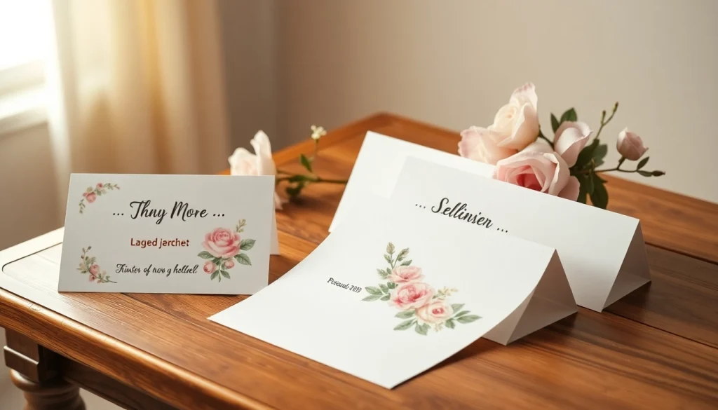 Gestalte personalisierbare Trauerkarten auf einem eleganten Holztisch mit floralen Designs und warmem Licht.