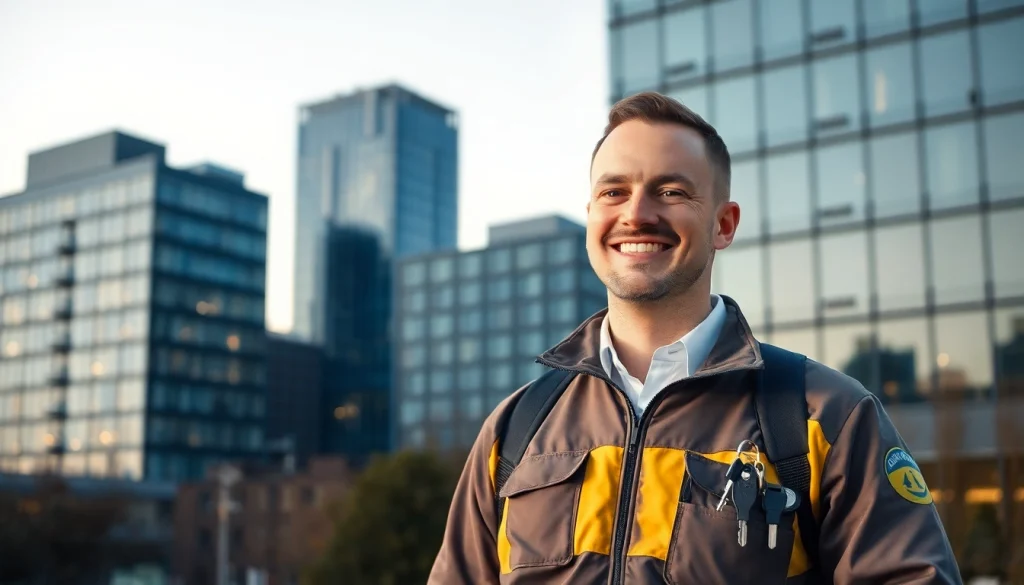 Schlüsseldienst Berlin günstig: Professioneller Techniker vor modernem Berliner Stadthaus zeigt Kompetenz und Zuverlässigkeit.
