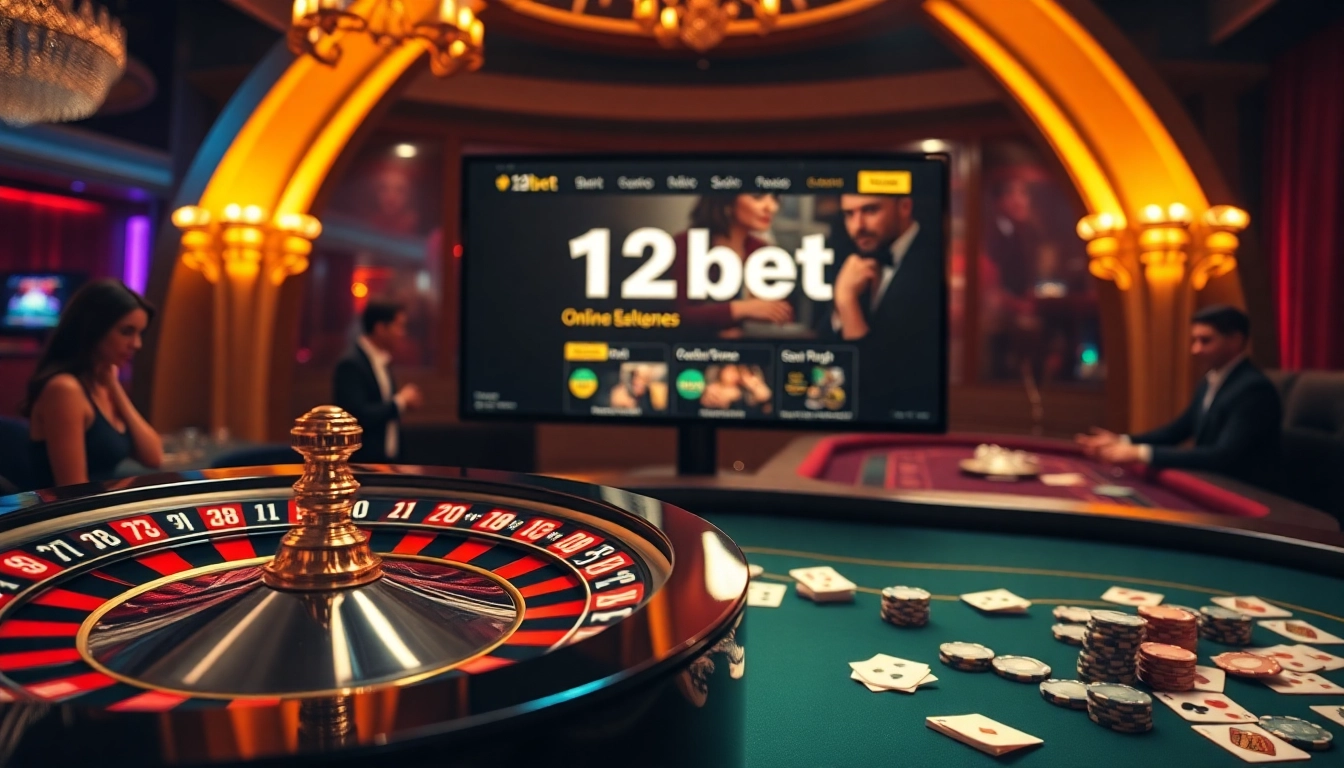 Experience the excitement of the online casino with link 12bet prominently featured on digital displays amidst a lively gambling atmosphere.
