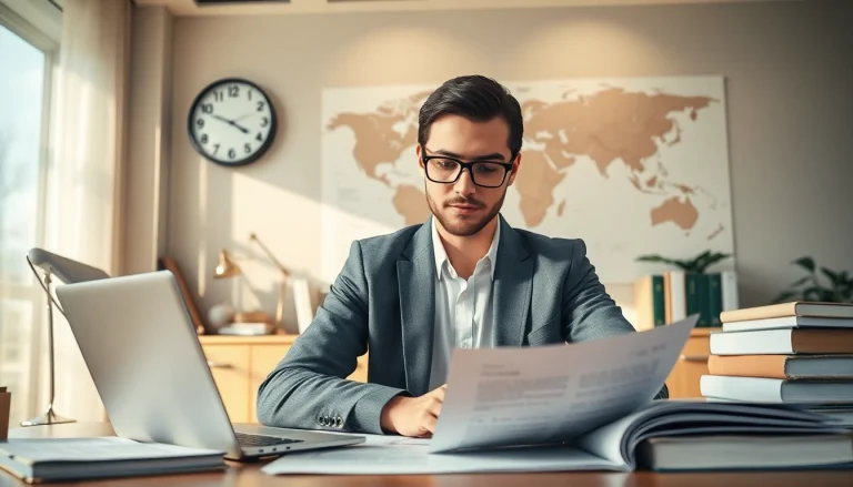 Vereidigter Übersetzer arbeitet fachkundig mit Übersetzungsdokumenten und veranschaulicht die Rolle des vereidigten Übersetzers.