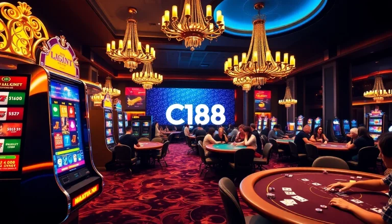 Experience C168 excitement at a luxurious casino with vibrant slot machines and action-packed tables.