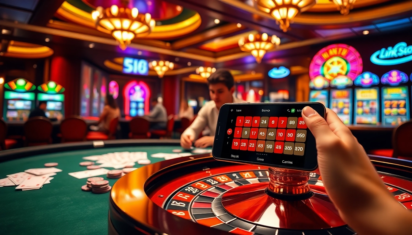 Engaging scene showing players trying 'Link Vào S8' at a luxurious casino setting with vibrant gaming elements.