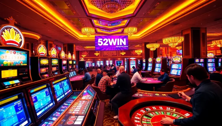 Players winning big at 52WIN casino, showcasing vibrant slot machines and poker games.