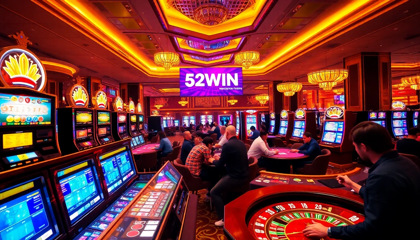 Players winning big at 52WIN casino, showcasing vibrant slot machines and poker games.