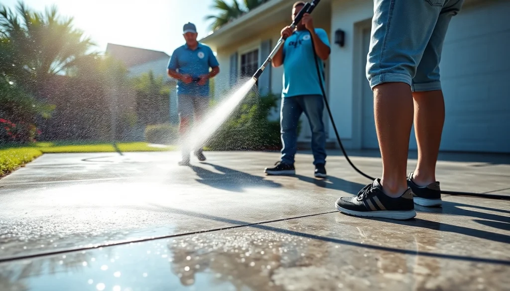 Driveway pressure wash in action by professionals, rejuvenating a driveway in Kissimmee, FL.