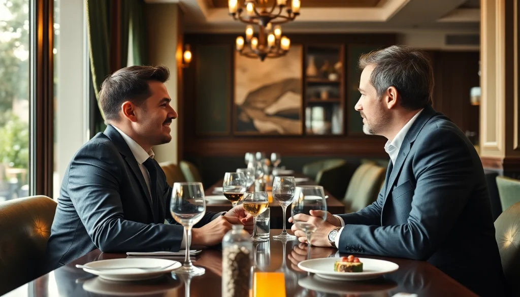 Headhunter Gastronomie diskutiert über Karrieremöglichkeiten in einem eleganten Restaurant mit professionellem Ambiente.