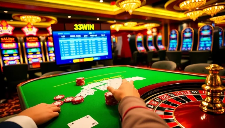 Experience the thrill of 33WIN with vibrant casino tables and exciting games in an elegant setting.