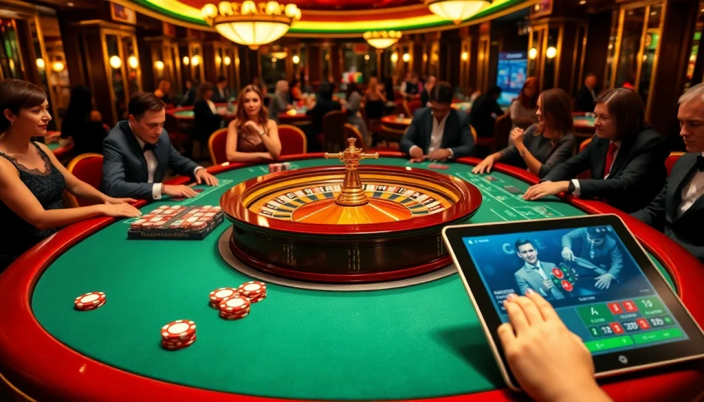 Engaging casino scene with players enjoying games at https://xx88.eu.com/ featuring poker chips and a roulette wheel.