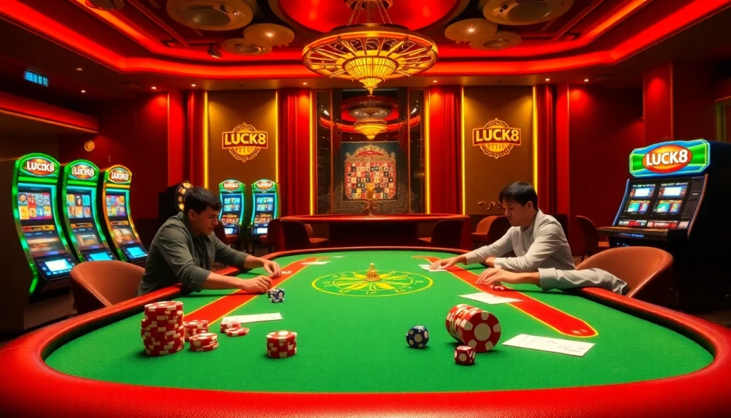 Người chơi tại LUCK8 đang tận hưởng một ván poker đầy phấn khích giữa các máy đánh bạc sặc sỡ.