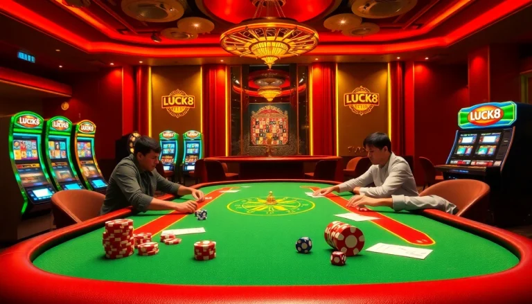 Người chơi tại LUCK8 đang tận hưởng một ván poker đầy phấn khích giữa các máy đánh bạc sặc sỡ.