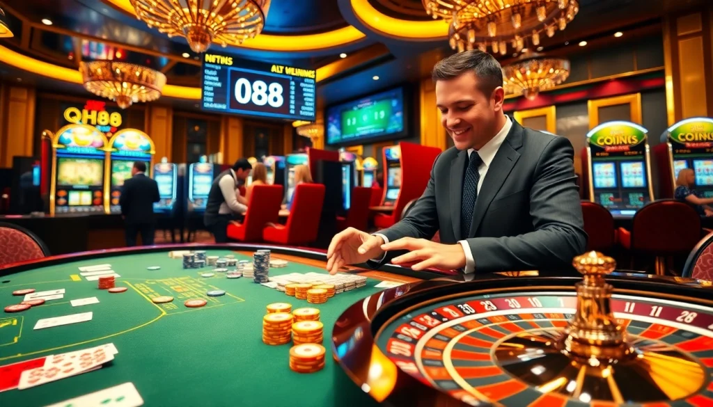 Experience excitement at QH88's luxurious casino, featuring vibrant tables, cards, and more.