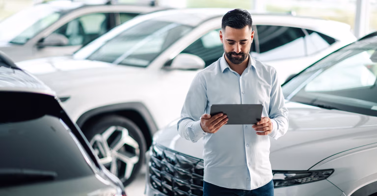 Man-using-tablet-in-car-dealership-surrounded-by-vehicles