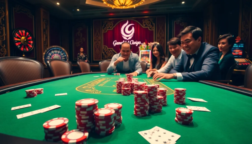 Experience the thrilling atmosphere of gamebaidoithuong.trading with a luxurious casino poker scene.