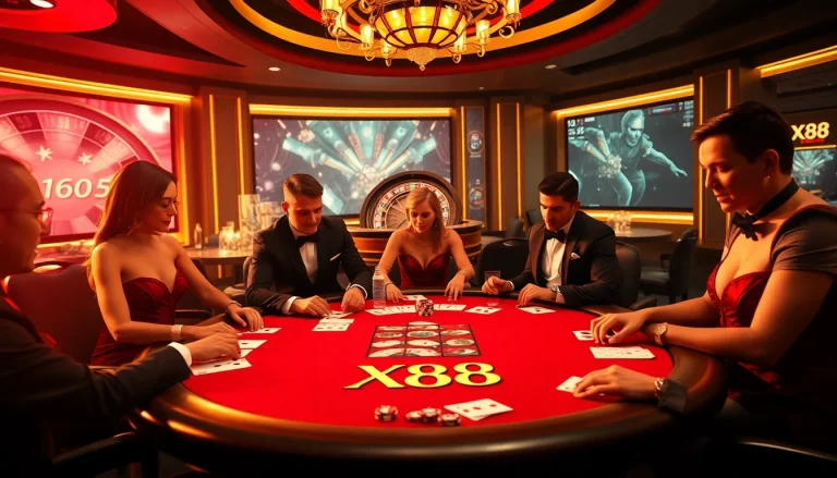 Players immersed in a high-stakes game at an elegant XX 88 casino poker table, showcasing energy and excitement.