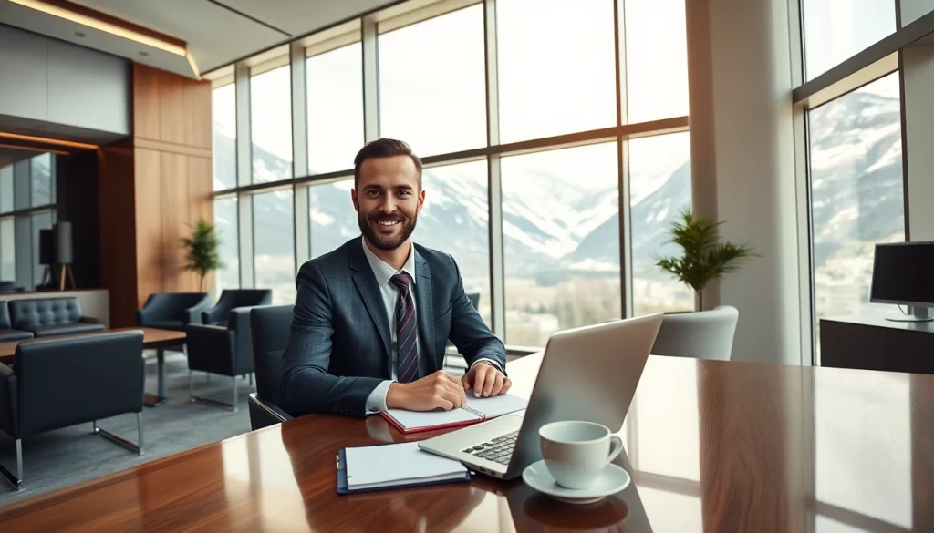 Interviews mit einem professionellen Headhunter Schweiz in einem Büro mit Alpenblick.
