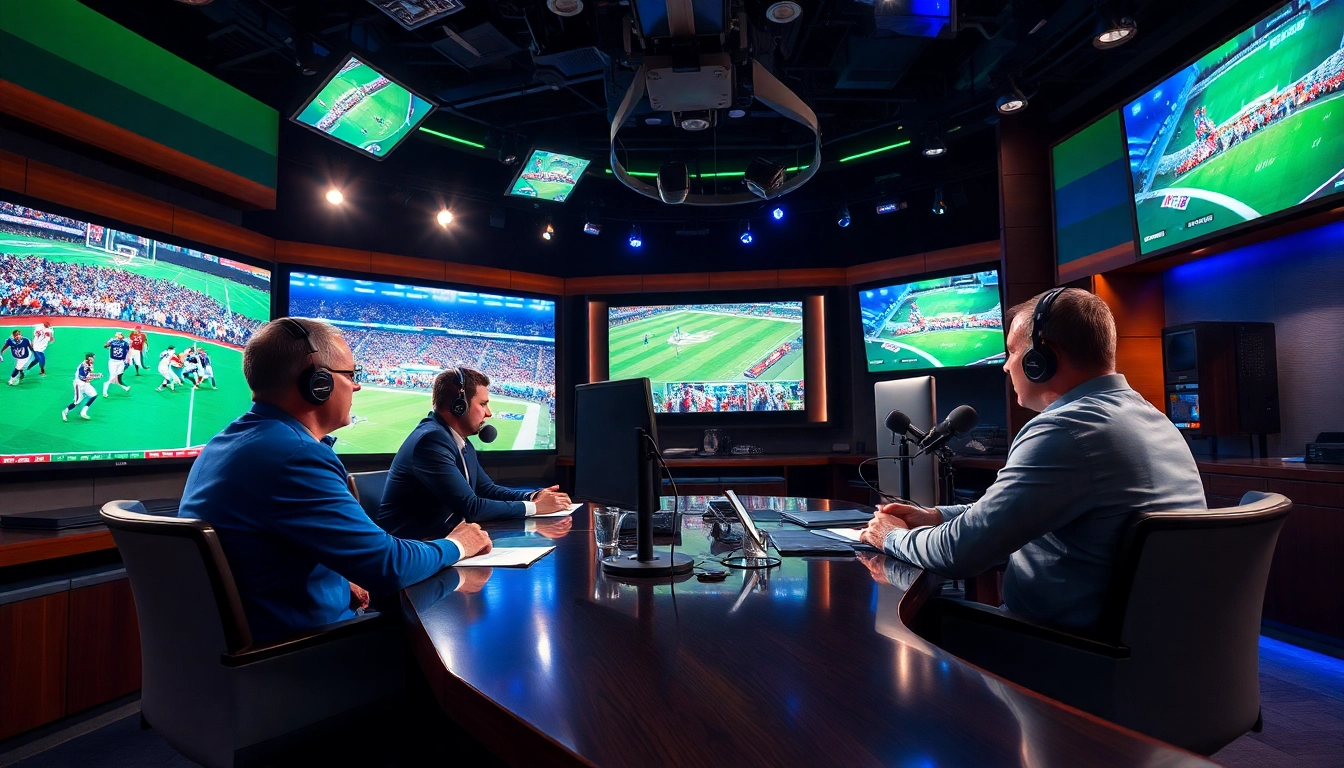 Engaging visuals of sports broadcasting studio with hosts and screens.