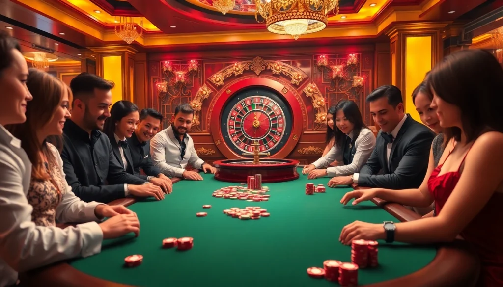 Experience the thrill of F8BET at a glamorous casino poker table surrounded by enthusiastic players.