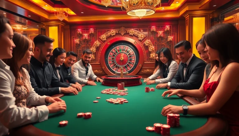 Experience the thrill of F8BET at a glamorous casino poker table surrounded by enthusiastic players.