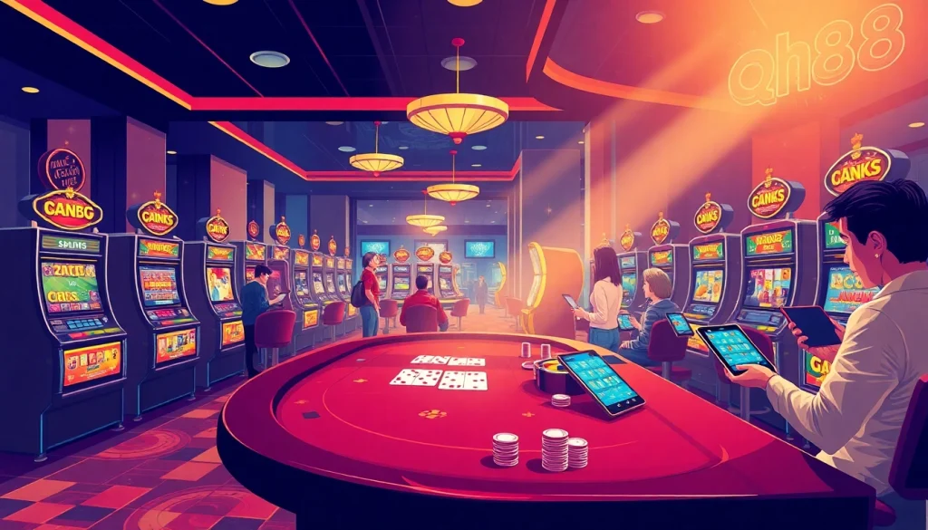 Engaging players enjoy online gambling through qh88, surrounded by vibrant casino elements.