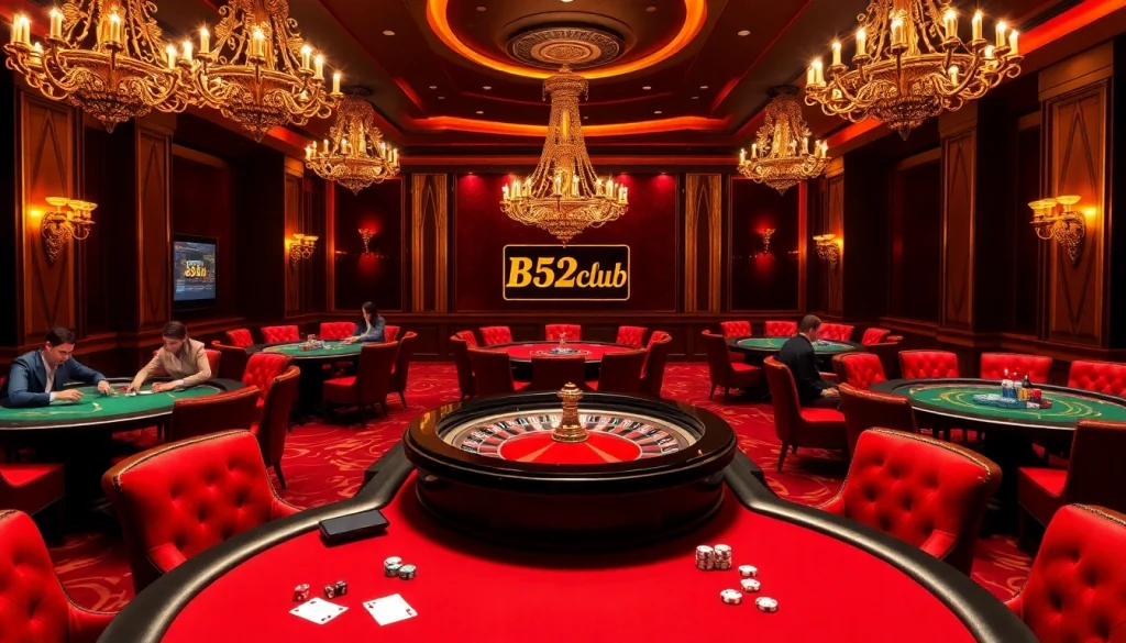 B52club players enjoying a thrilling poker game in a luxurious casino setting.